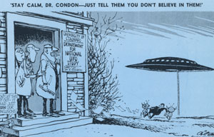 1967年オリファント作のこの漫画は「デンパーポスト」紙に載ったもので、コンドンの態度を皮肉っている。 