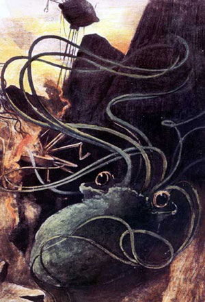 ▲ウェルズの小説『宇宙戦争』のさし絵。 1897年、雑誌に連載されたときのもの。宇宙の怪物が不気味な宇宙船から出て来た恐るべき瞬間を描いている。