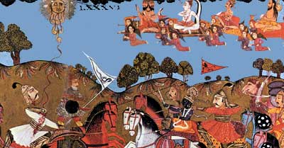 ▲空飛ぶ神々を描いたインドの写本彩色画。『マハーバーラタ』に登場する英雄ラージャ・カルナの戦闘の結果を神々が見に行くところである。