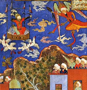 ▲夢幻的な飛行機械にのって上昇する、伝説上の王カイ・カン。16世紀ペルシアの写本より。頂上に串刺しされた生肉を取ろうとするワシの力によって機械は動く。
