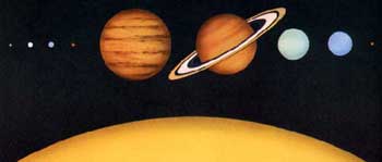▲ 太陽と各惑星の大きさを比較した図。