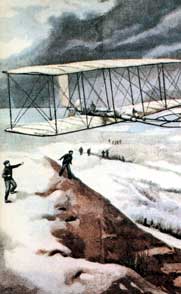 ▲1903年12月17日、ノースカロライナ州キティホークで、ライト兄弟が史上最初の飛行をなしとげた。